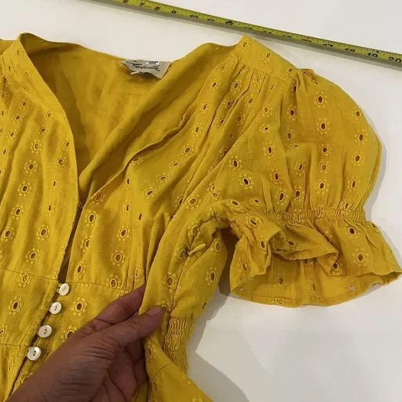 Cleobella Kaia Yellow Eyelet Cotton Mini Summer Dress Medium Boho Casual - Picture 9 of 10